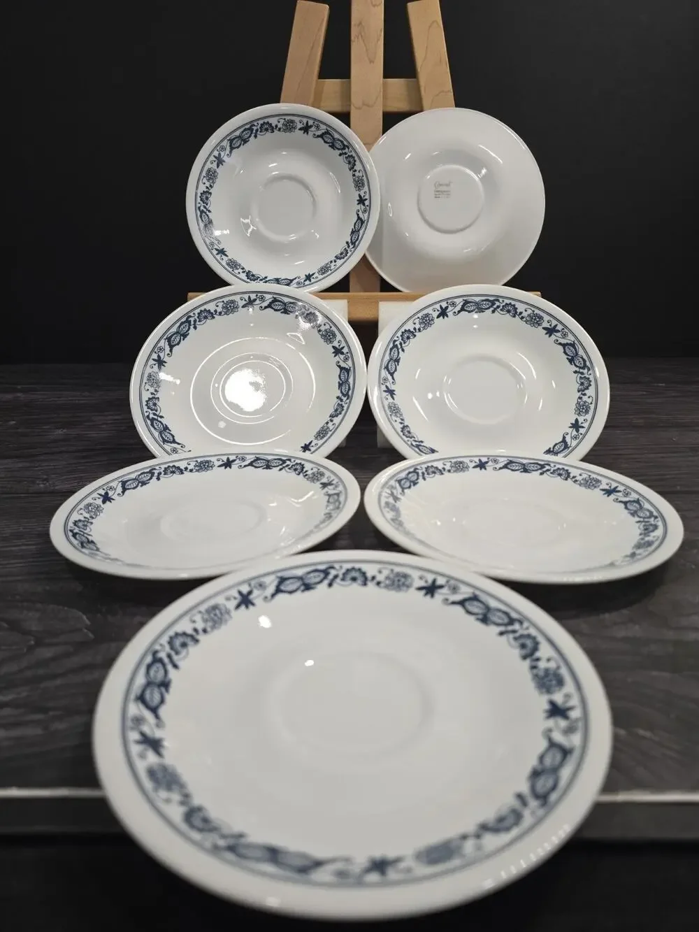 Vintage Corelle Old Town Blue Onion Saucers 6.25” Set of 7 Plates EUC Corning
